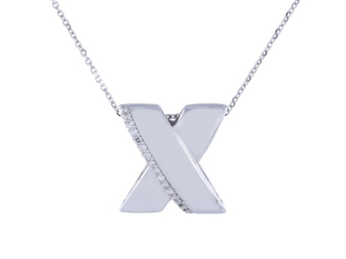White gold thick X pendant with small round diamond details, on chain