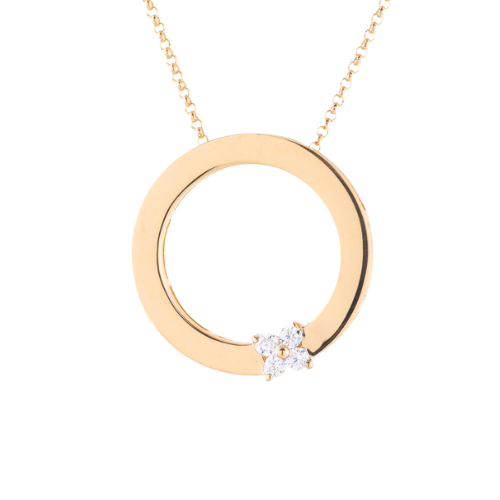 yellow gold circle necklace with small round diamond details on chain