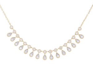 dangly pear and round diamond fashion necklace in yellow gold