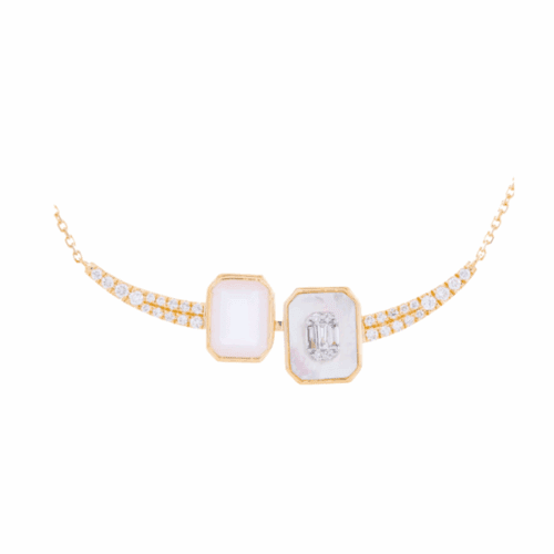 mother of pearl, diamond, and pink topaz in yellow gold