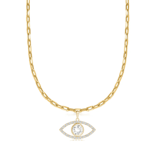 Paperclip Chain with Diamond Evil Eye Charm in Yellow Gold