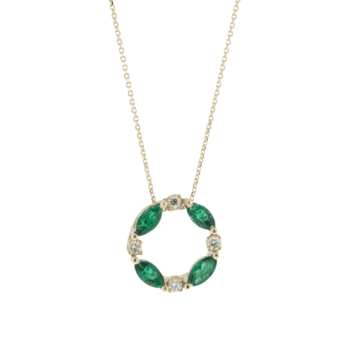 Marquise Emeralds and Round Diamonds Circle Necklace in Yellow Gold