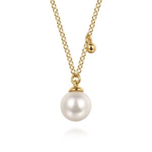 small pearl drop necklace in yellow gold