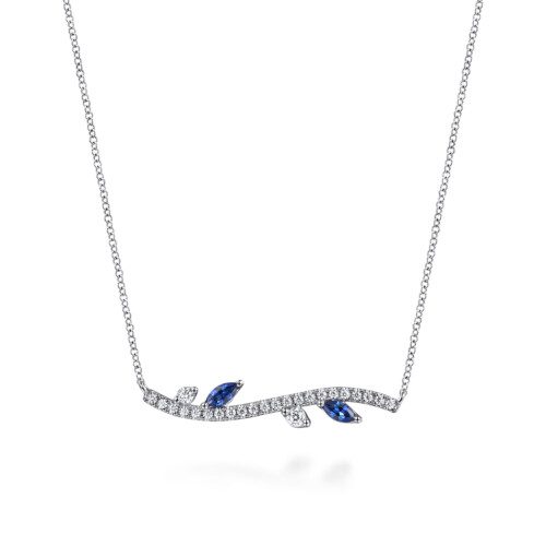 floral design bar necklace with diamonds and sapphires in white gold