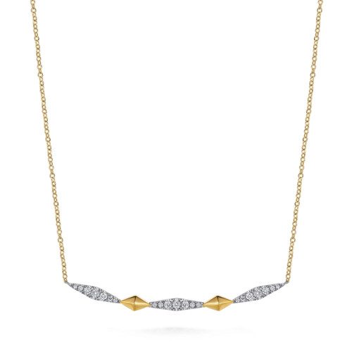 gold two tone diamond bar with kite shape design necklace