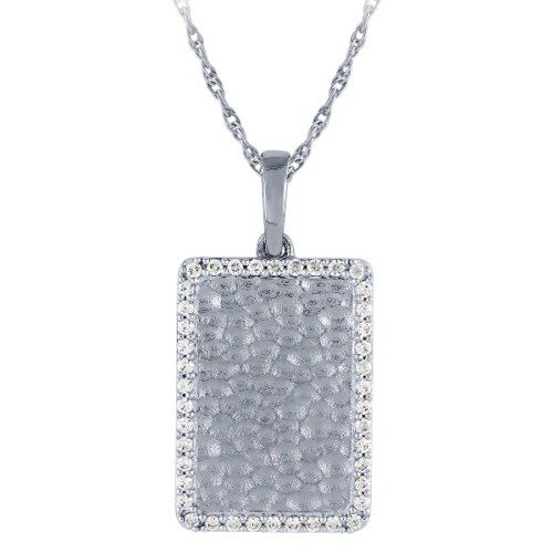 hammered design rectangle with diamond halo on chain in white gold