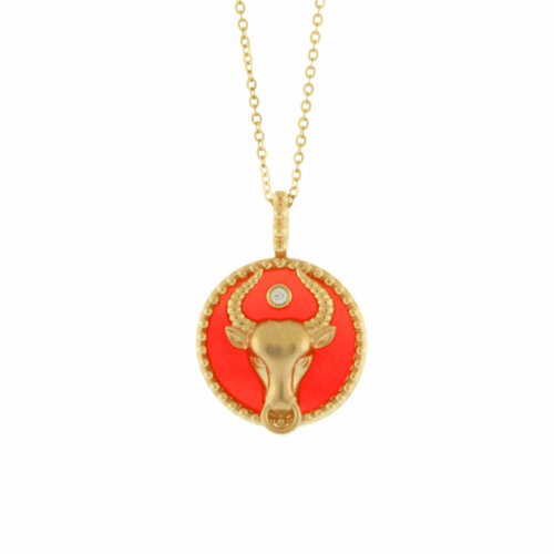 Taurus bull design necklace with small round diamond detail in yellow gold on chain