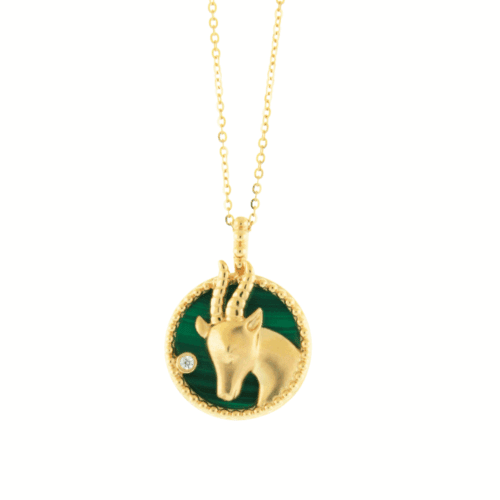 goat Capricorn design necklace with green malachite back in yellow gold on chain