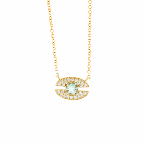 round green amethyst with pave set diamonds in yellow gold on chain