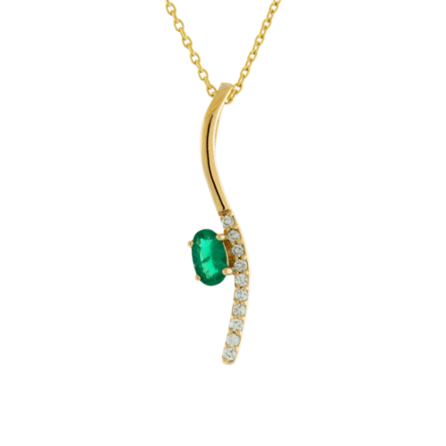 small oval emerald and diamond details necklace on chain in yellow gold
