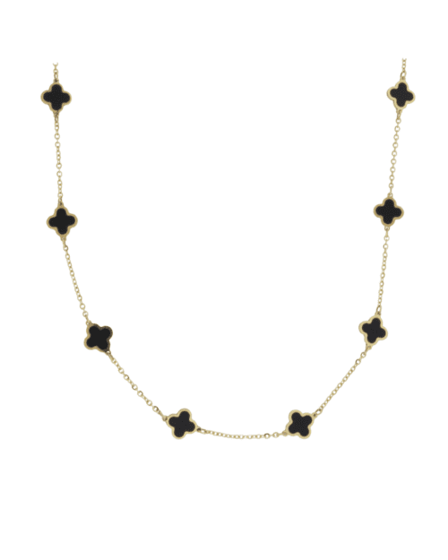 small black onyx clover shapes on yellow gold chain