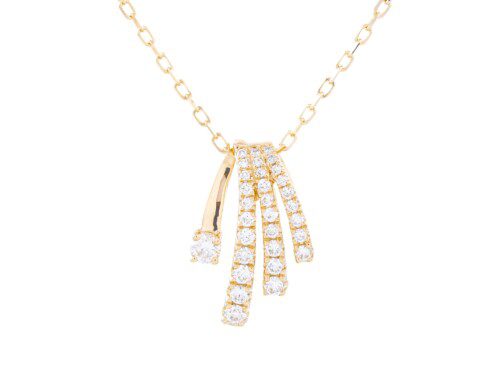 3-rows of diamonds and one solid gold with small diamond accent in yellow on chain