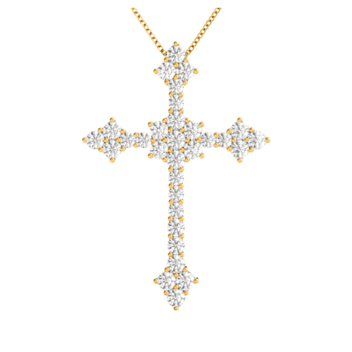 fancy cross pendant with diamonds on chain all in yellow gold