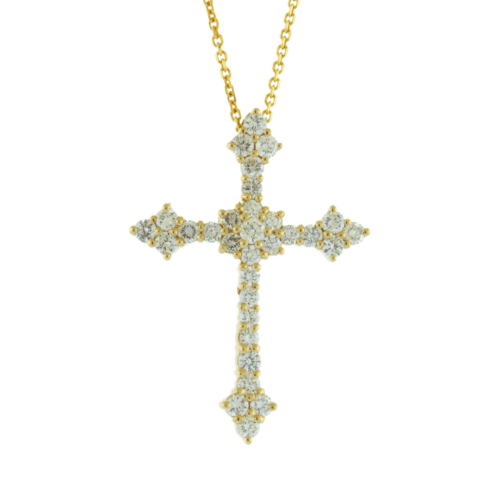 fancy cross pendant with diamonds on chain all in yellow gold