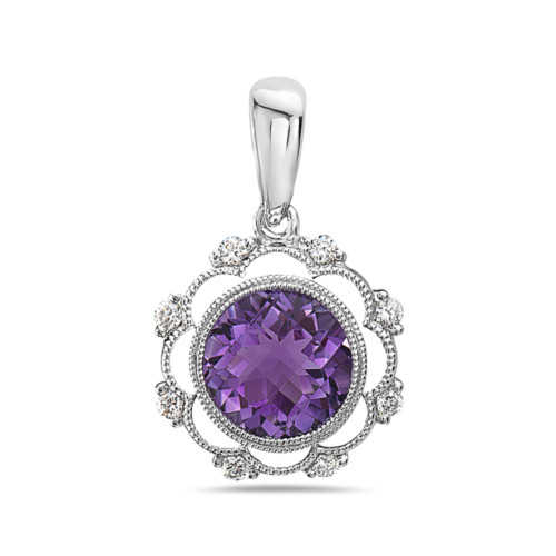 Round Amethyst pendant with small diamond details, in white gold