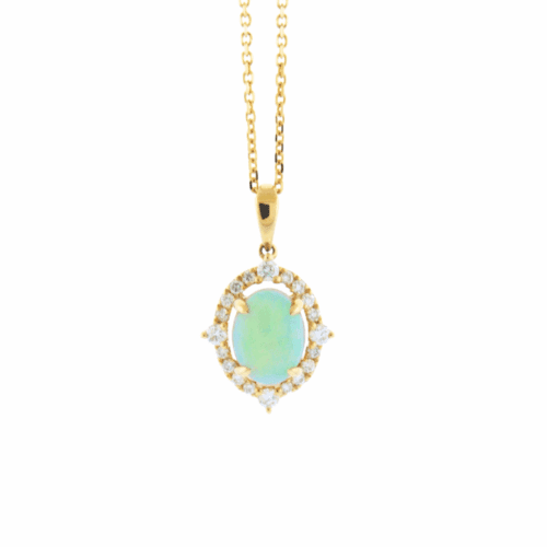 oval shape Opal pendant with diamond details in yellow gold with yellow chain