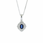 oval shape blue sapphire pendant in white gold with diamond details on white chain