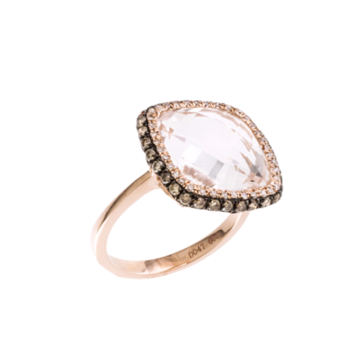 cushion cut white quartz ring in rose gold with white and brown diamond halo