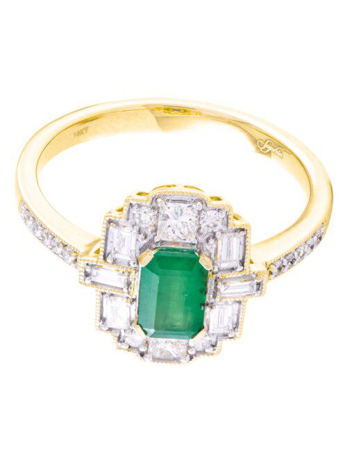 emerald cut emerald ring with diamond accents in art deco style in yellow gold