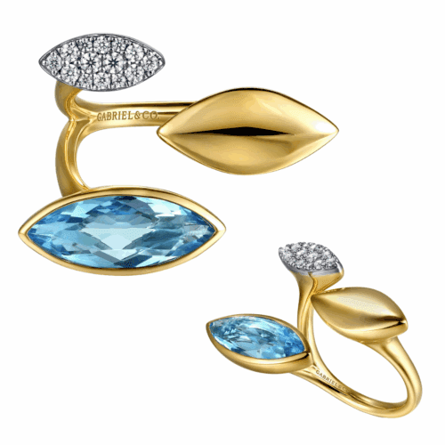 yellow gold funky design ring, marquise shapes all over, blue topaz and diamonds