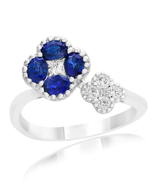 Sapphire and Diamond Flower Design Ring in White Gold