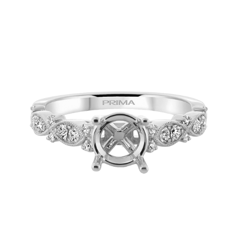 diamond engagement ring with alternating swirly pattern in white gold
