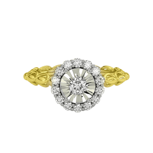 two tone gold engagement ring with small round center stone and miracle halo