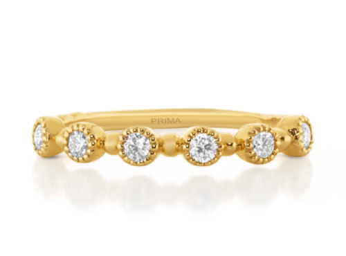 yellow gold ring with bezel set round diamonds, stackable band