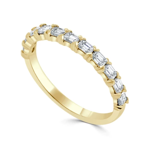 Yellow gold wedding band with horizontal set baguette diamonds