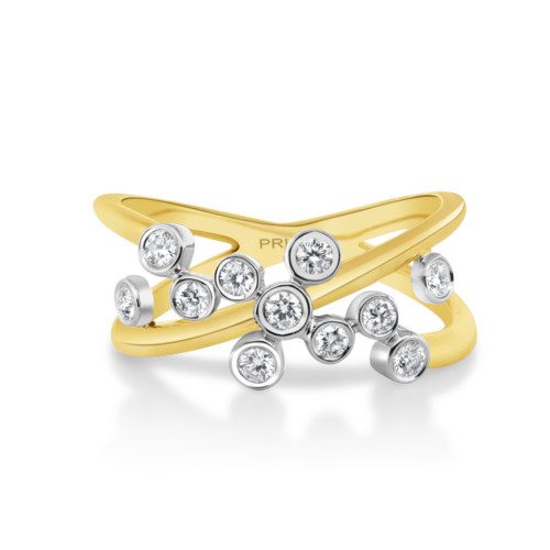 X-shape yellow gold ring with multiple bezel set diamonds