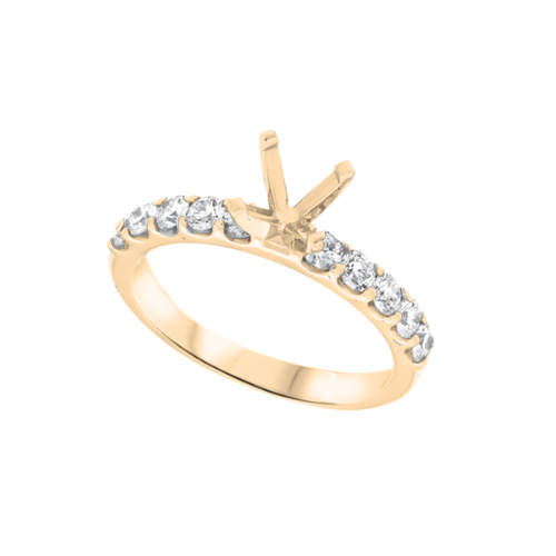 shared prong straight row diamond engagement ring in yellow gold