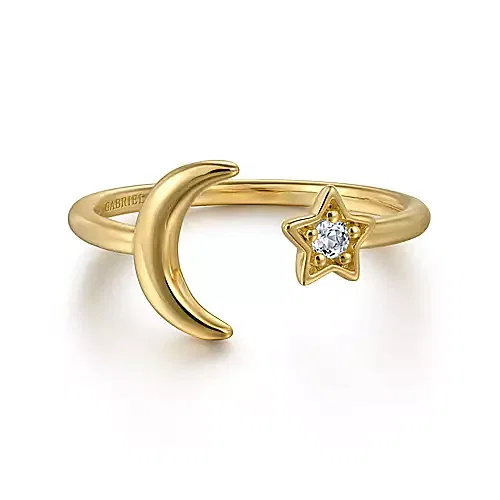yellow gold open design crescent moon and small diamond in star fashion ring