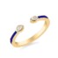 Open design stackable ring with blue ceramic line and two pear shape diamonds in yellow gold