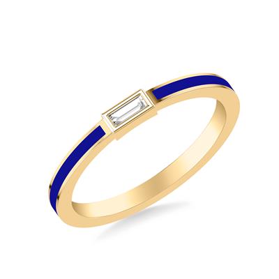 stackable ring in yellow gold with baguette shape diamond in center and blue inlay