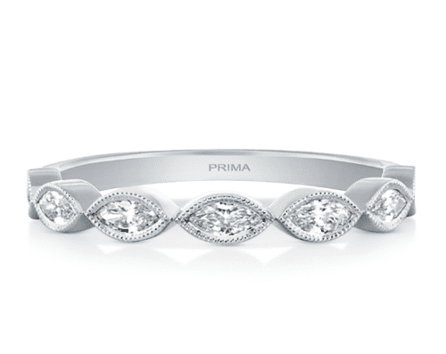 bezel set marquise shaped diamonds in white gold band