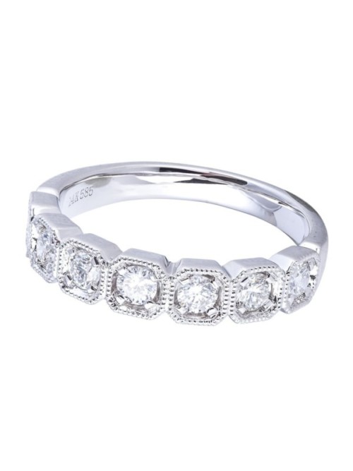 Round bezel set diamond wedding band, gives square look to diamonds, in white gold