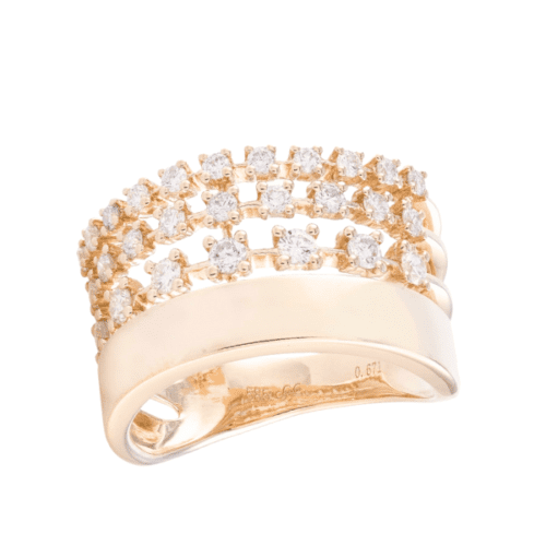 Three rows of prong set diamonds and plain shank, fashion ring in yellow gold