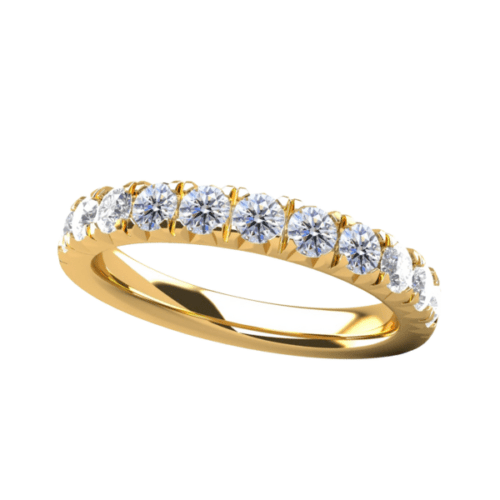 straight row of round cut diamond wedding band in yellow gold