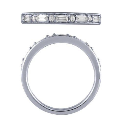 milgrain edge design channel set band in white gold with baguette and round diamonds