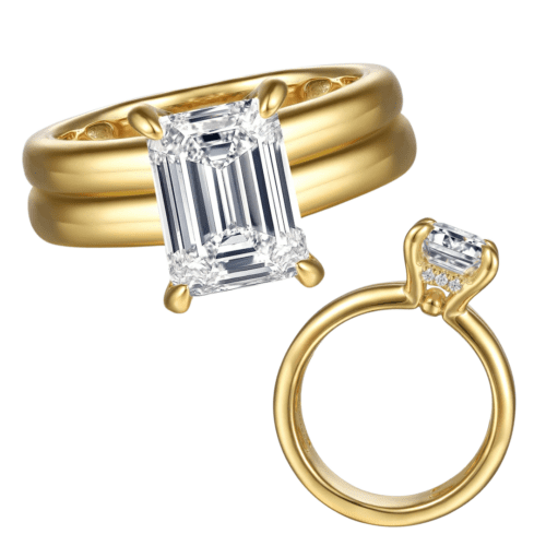 yellow gold double wide solitaire style diamond engagement ring, with hidden halo