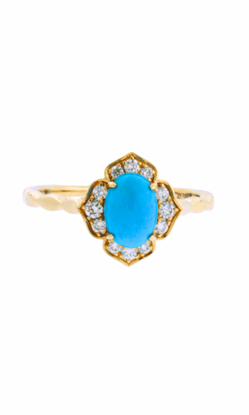 Cabochon Turquoise center ring in yellow gold with diamond details
