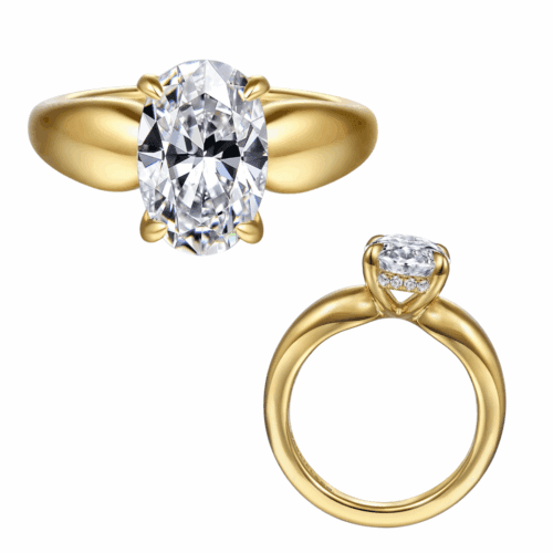 wide oblong yellow gold solitaire engagement ring with oval head and hidden diamond halo