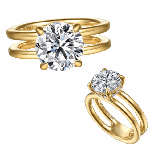 yellow gold solitaire double row engagement ring with hidden diamond halo