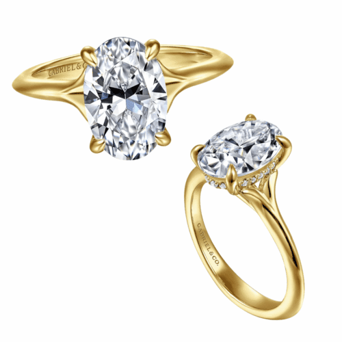yellow gold split shank diamond engagement ring with hidden diamond halo