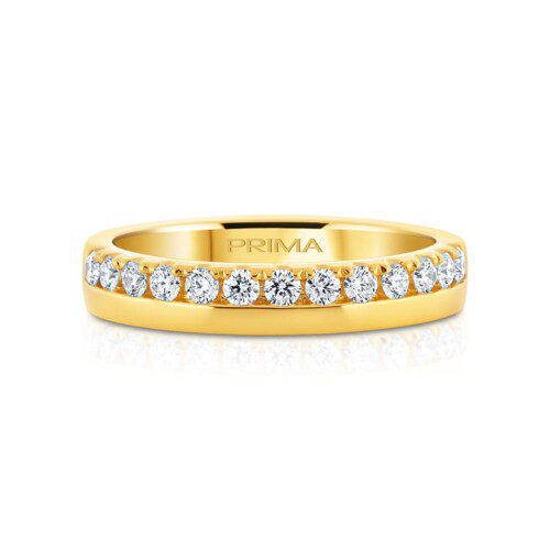 double row wedding band with one row of diamonds and one high polish row in yellow gold