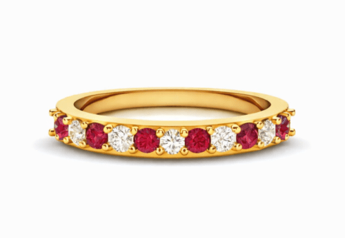 alternating ruby and diamond band in yellow