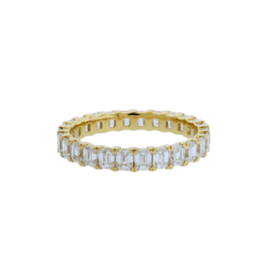 yellow gold eternity band with lab grown emerald cut diamonds