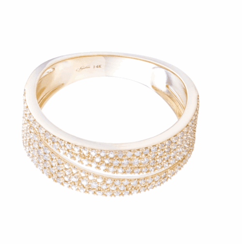 wide band with pave set diamonds and open slash in the middle in yellow gold