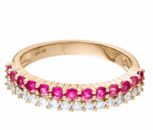 one row of diamonds, one row of rubies, in yellow gold ring