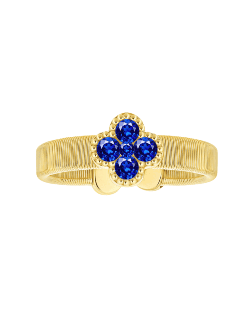14k yellow gold open flex clover shape ring with blue sapphires